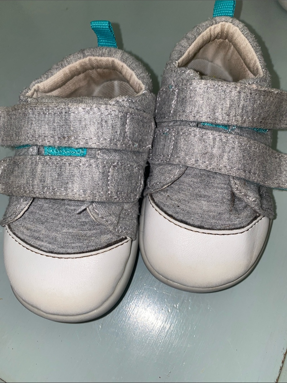 Ten Little Gray and White Baby Walker Shoes with Teal Accent